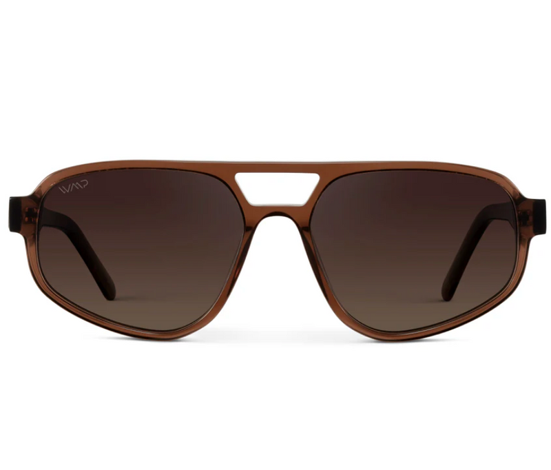 Brooklyn Modern Aviator sunglasses with polarized Amber lenses and Crystal Brown frame, ideal for stylish everyday wear.