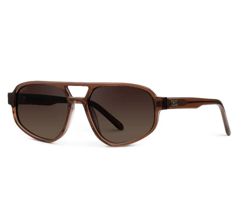 Brooklyn Modern Aviator sunglasses with polarized Amber lenses and Crystal Brown frame, ideal for stylish everyday wear.