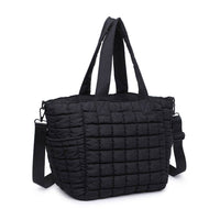 Black  Dreamer Quilted Puffer Nylon Tote with secure zipper closure, side pockets, and spacious interior featuring zip and side pockets