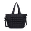 Black  Dreamer Quilted Puffer Nylon Tote with secure zipper closure, side pockets, and spacious interior featuring zip and side pockets