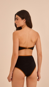 Elegant strapless bikini set featuring a structured bandeau top with removable pads and a flattering high-waisted bottom, crafted from a smooth, double-lined nylon-spandex blend.