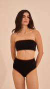 Elegant strapless bikini set featuring a structured bandeau top with removable pads and a flattering high-waisted bottom, crafted from a smooth, double-lined nylon-spandex blend.