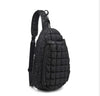 Sol and Selene Quilted Puffer Sling Backpack in black nylon with quilted design, adjustable strap, and zippered compartments.