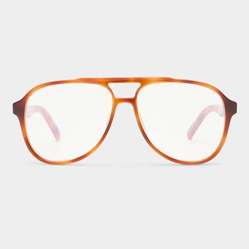 70s-inspired aviator blue light glasses in light honey tortoiseshell with anti-blue light, shatterproof, and scratch-resistant lenses.