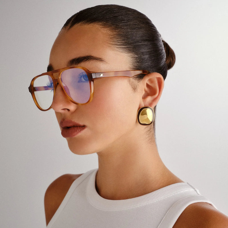 70s-inspired aviator blue light glasses in light honey tortoiseshell with anti-blue light, shatterproof, and scratch-resistant lenses.