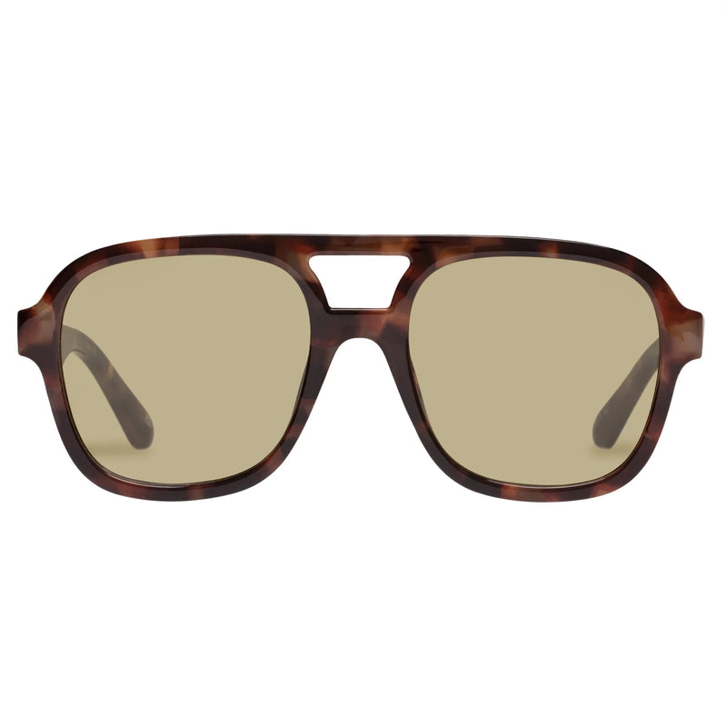 70s-inspired aviator sunglasses with a dark tort frame and khaki tint lenses, featuring a large fit and durable, impact-resistant design.